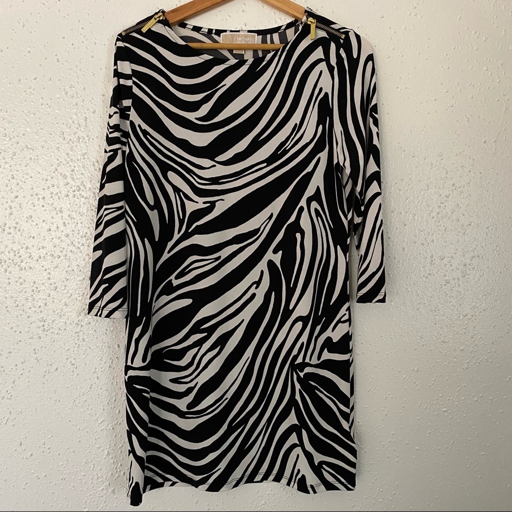 MICHAEL KORS |  zebra print | dress |  Medium | long sleeve | midi | scoop neck